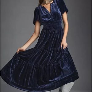 Anthropologie L NWT Somerset Velvet Edition Maxi Dress Long Tiered Navy Blue